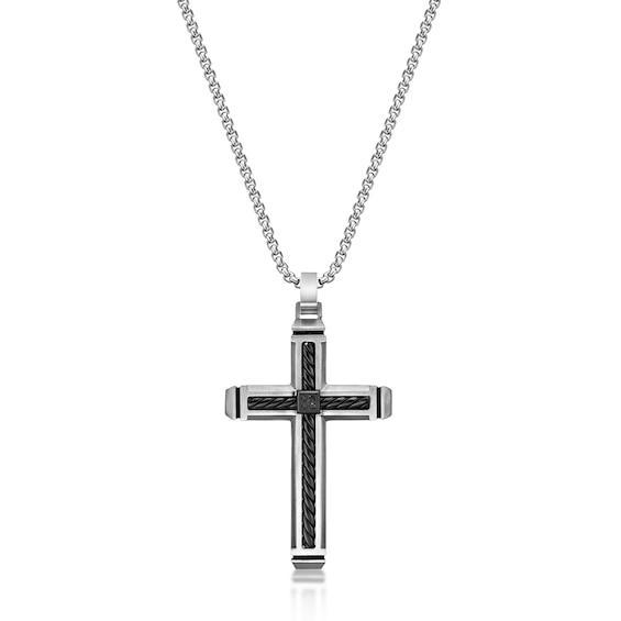 Men's Black Diamond Accent Rope Inlay Cross Pendant in Stainless Steel and Black IP - 24" Product Image