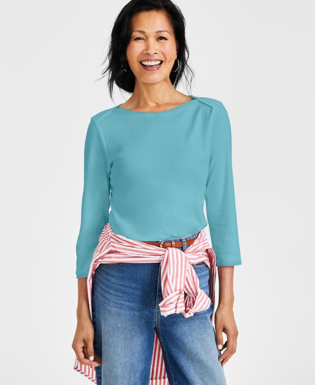 Style & Co Womens Pima Cotton 3/4-Sleeve Boat-Neck Top, Regular & Petite,Created for Macys Product Image