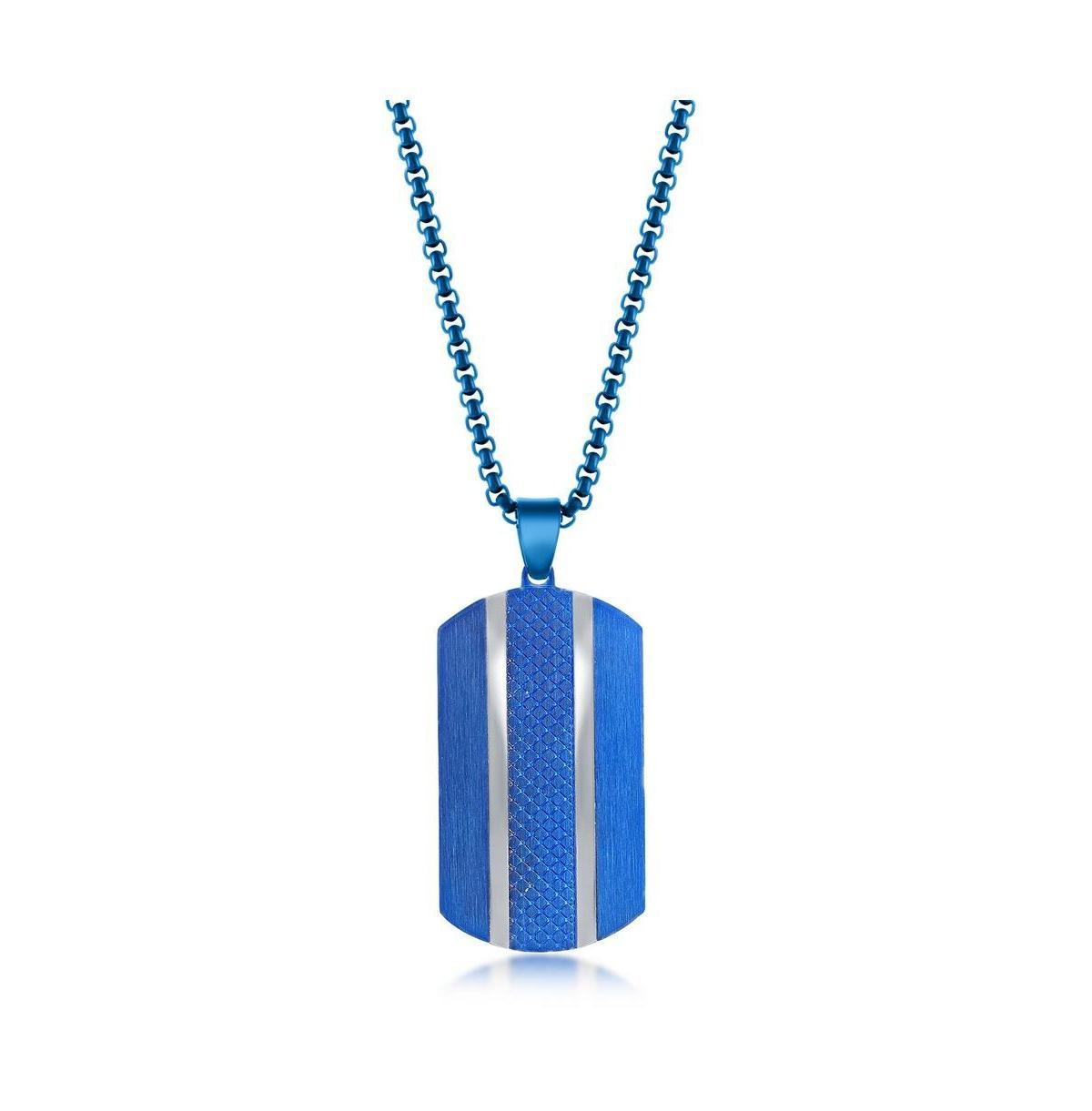 Mens Stainless Steel Blue Textured Silver Double Lined Dog Tag Necklace Product Image