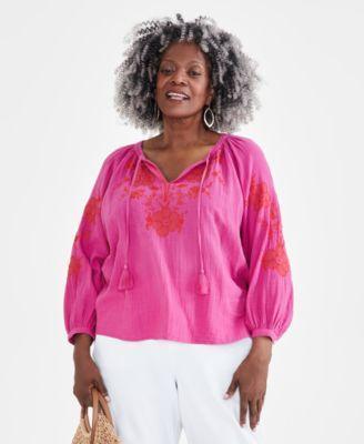 Plus Size Embroidered Peasant Top, Created for Macy's Product Image