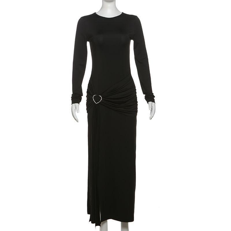 Long-Sleeve Crew Neck Ruched Slit Midi Bodycon Dress Product Image