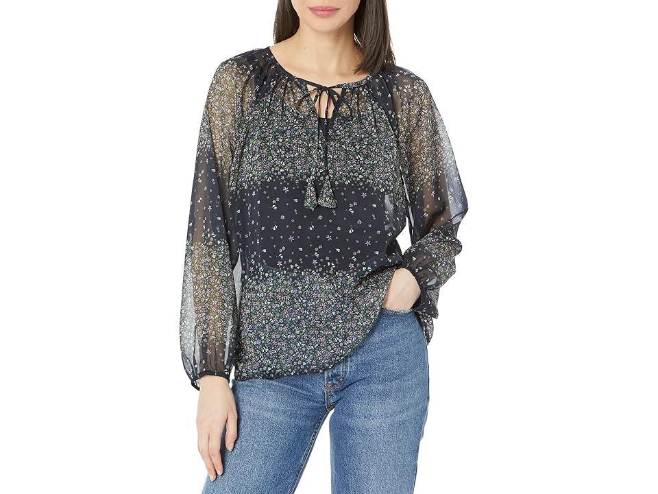 Liverpool Los Angeles Long Sleeve Shirred Blouse with Neck Ties (Midnight Garden) Women's Clothing Product Image