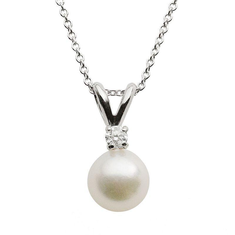 18k White Gold AA Akoya Cultured Pearl and Diamond Accent Pendant - 16 in., Womens Product Image