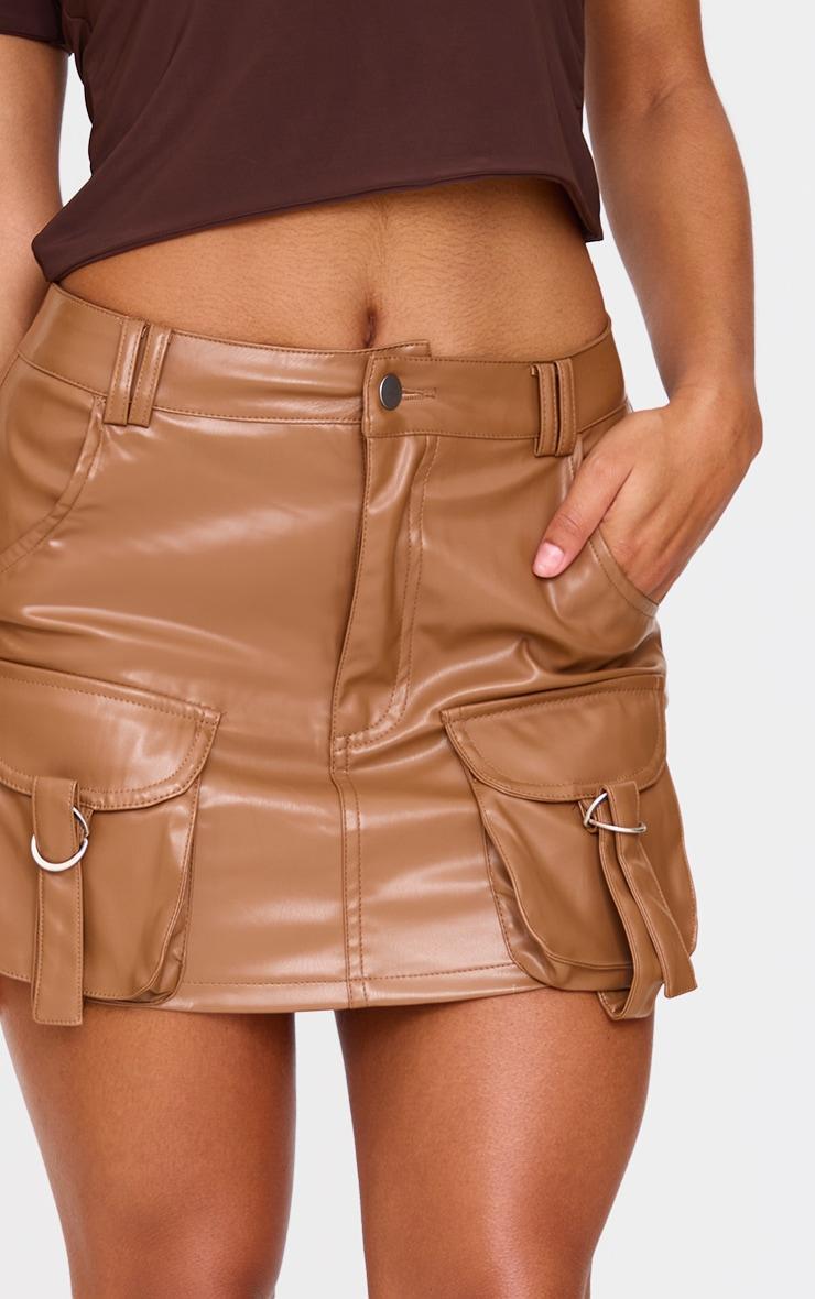 Brown Faux Leather Pocket Detail Cargo Mini Skirt Product Image