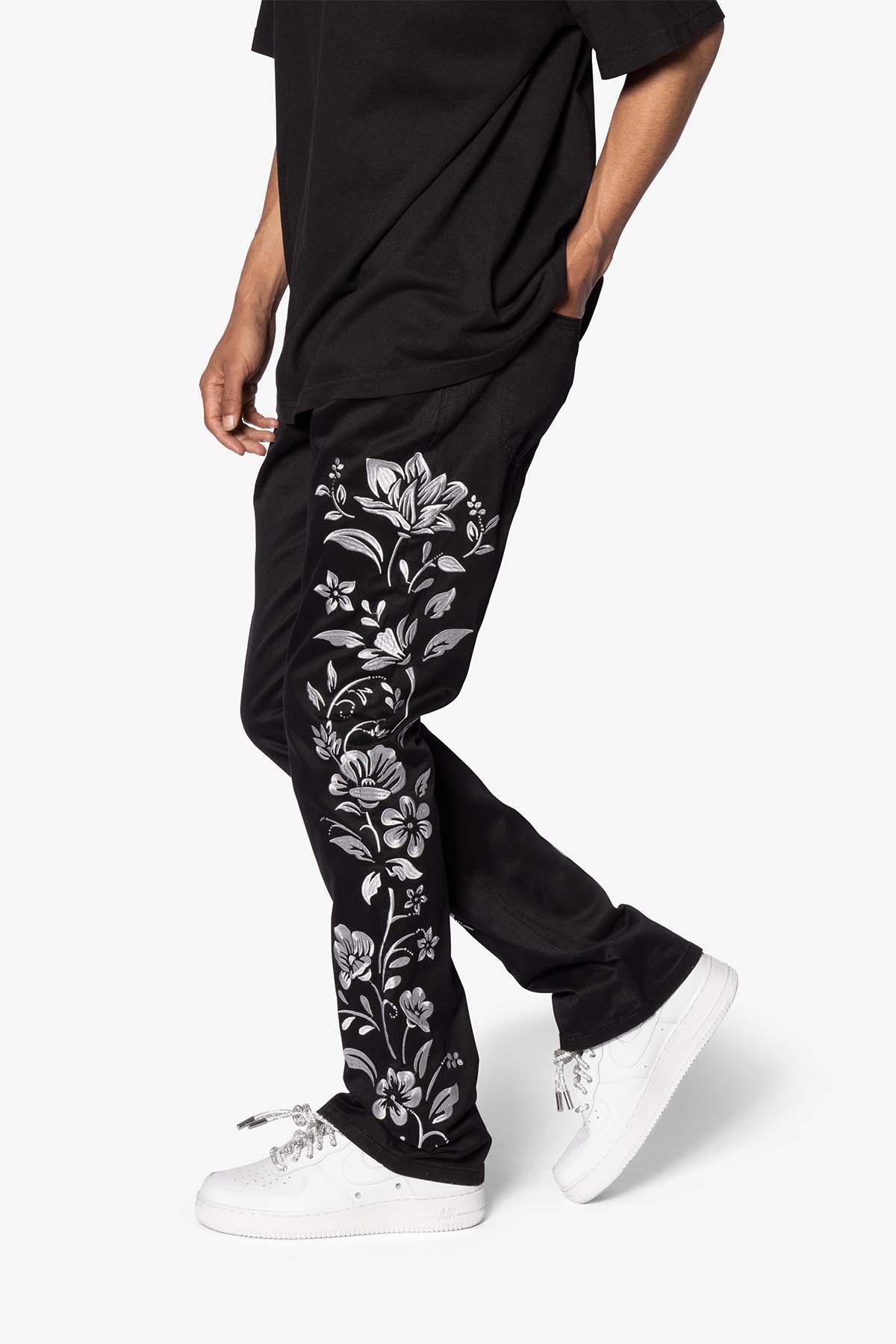 B690 Floral Embroidery Flare Denim - Black Product Image