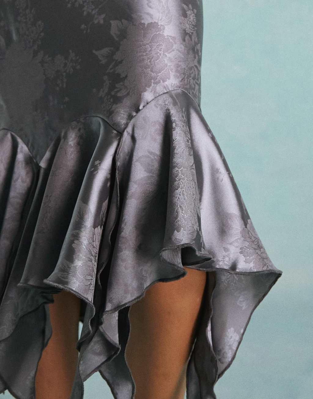 Miss Selfridge satin jacquard asymmetric hem midaxi skirt in gunmetal gray Product Image