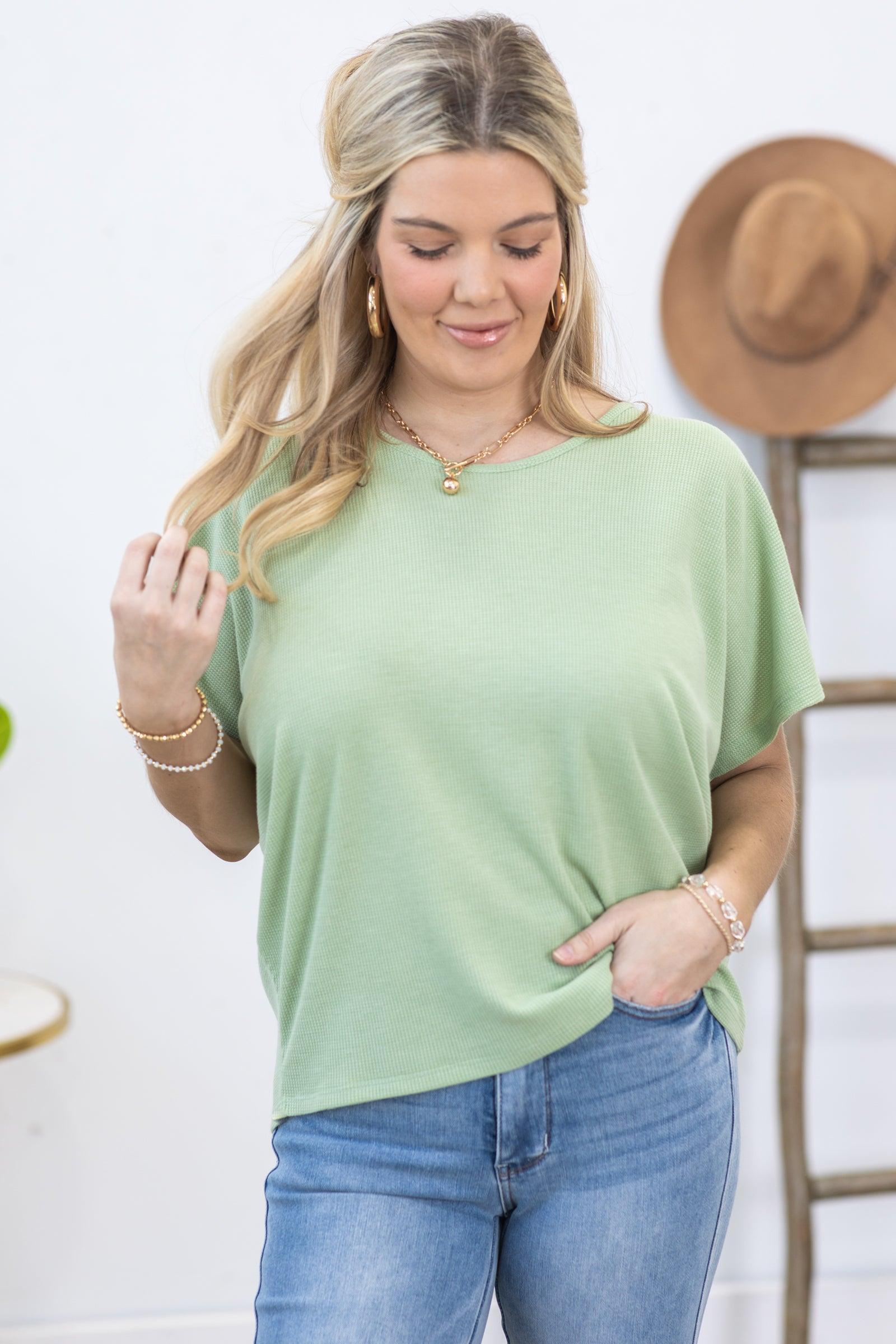 Sage Waffle Texture Scoop Neck Knit Top Product Image