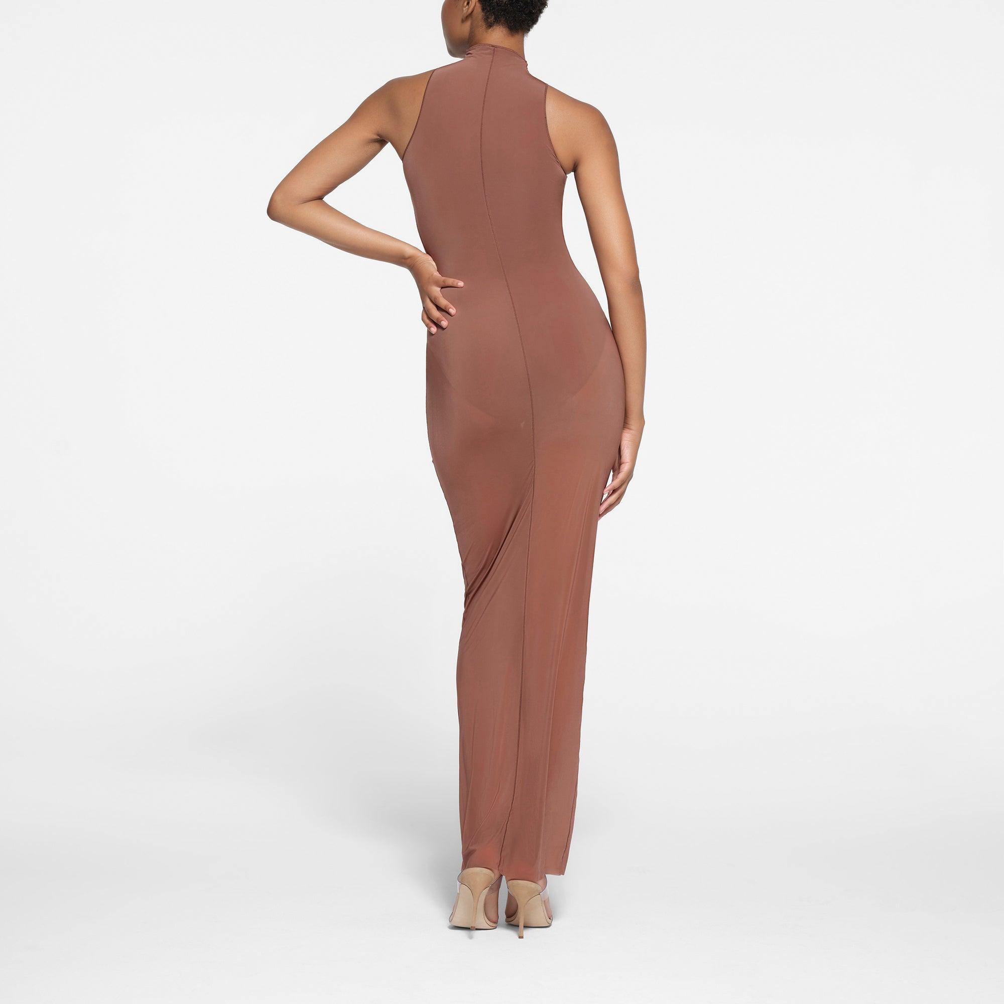 MILKY SHEER LOW BACK LONG DRESS | BRANDY Product Image