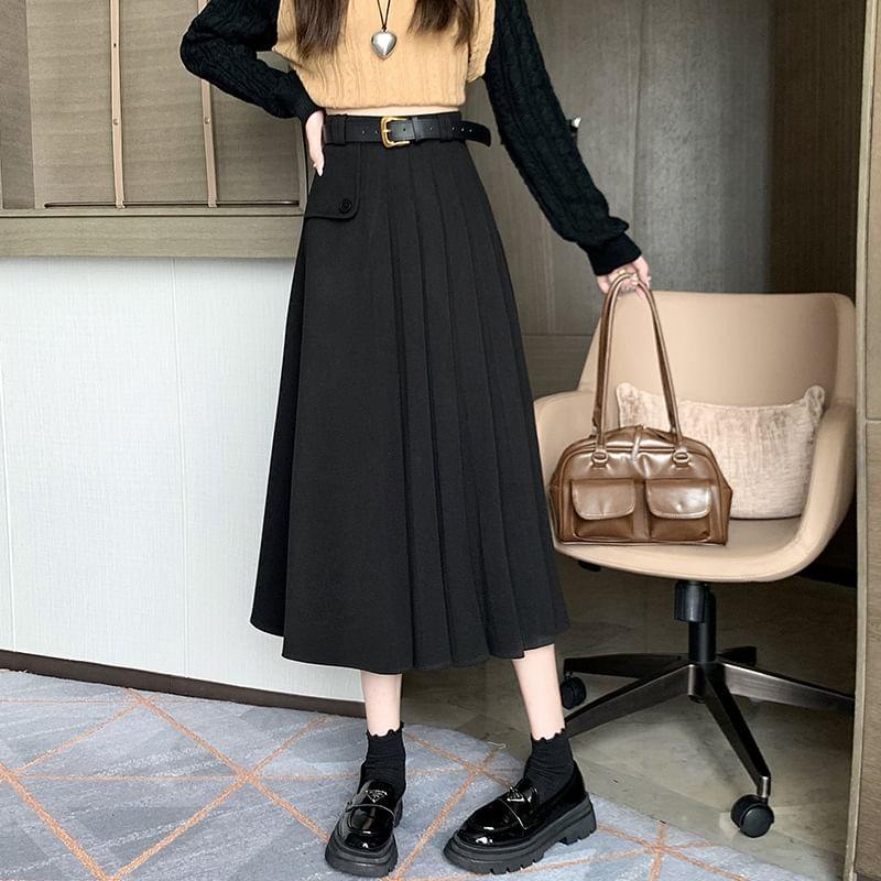 High Waist Plain Midi Pleated Skirt Product Image