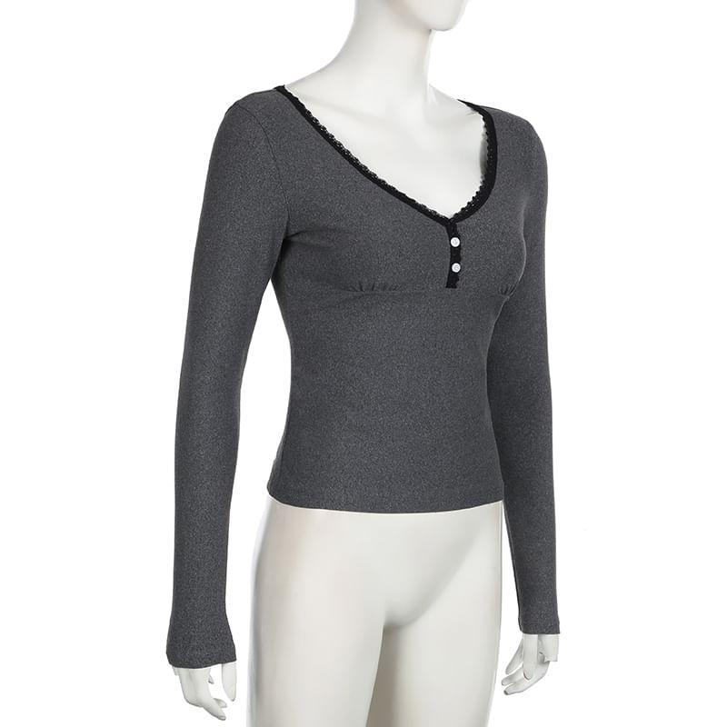 Long-Sleeve V-Neck Lace Trim Top Product Image