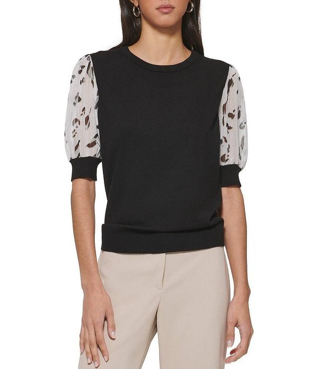 DKNY Mixed Media Crew Neck Puff Sleeve Top Product Image