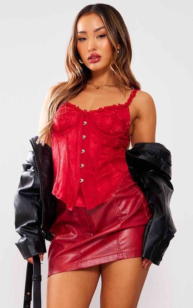 Petite Red Satin Fitted Corset With Lace Detail Product Image