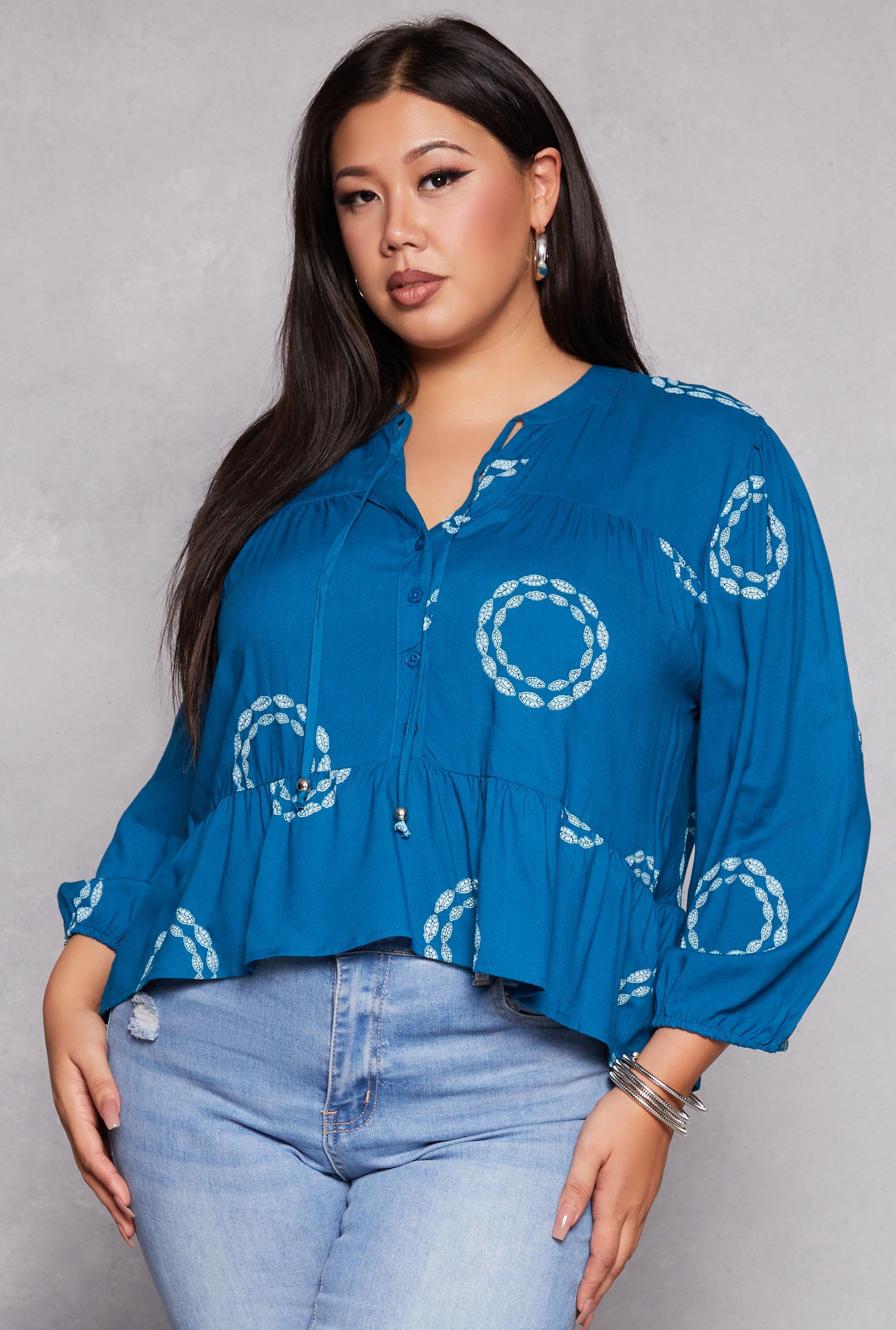 Womens Plus Size Printed Puff Sleeve Button Front Peplum Blouse Product Image