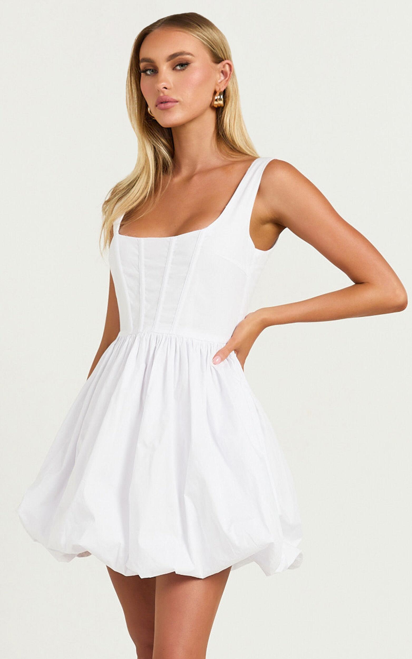 Brianda Mini Dress - Corset Bodice Bubble Hem Dress in White Product Image