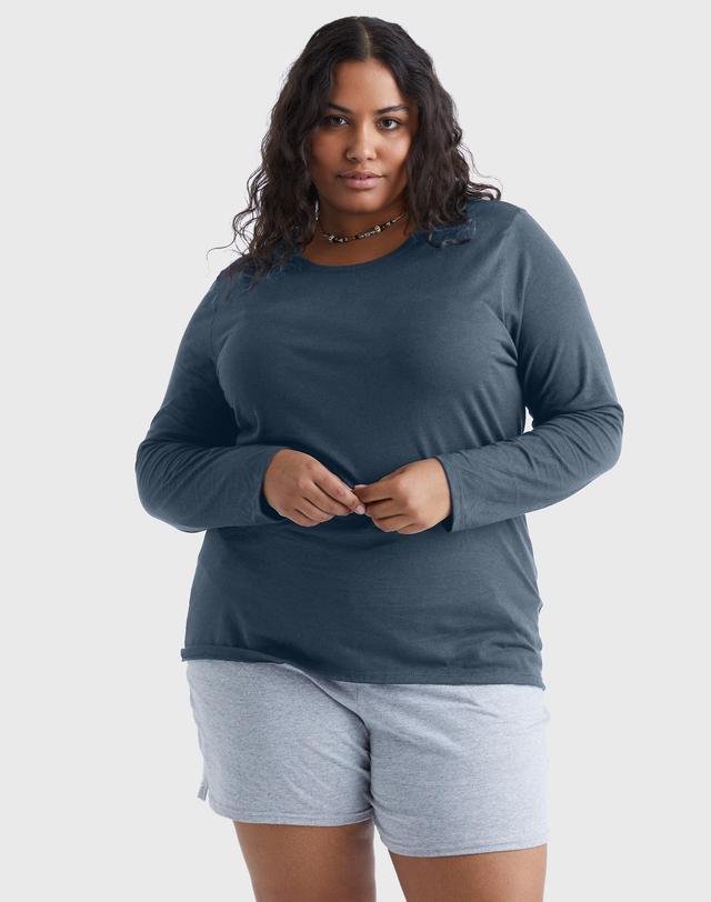 Hanes Womens Long Sleeve Scoop Neck Cotton T-Shirt (Plus Size) Violet Splendor 2X Product Image