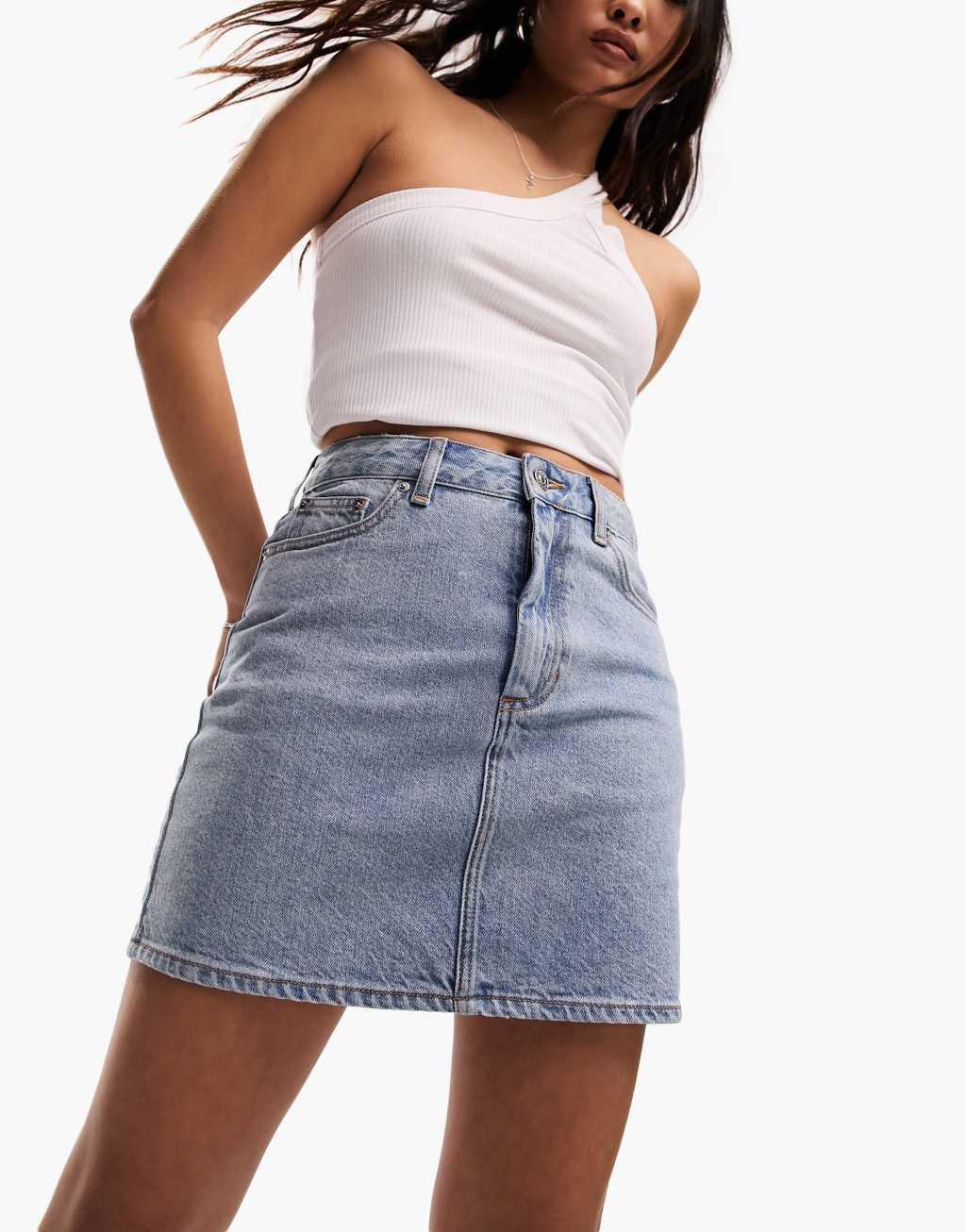 ASOS DESIGN Petite denim high waist mini skirt in midwash blue product image