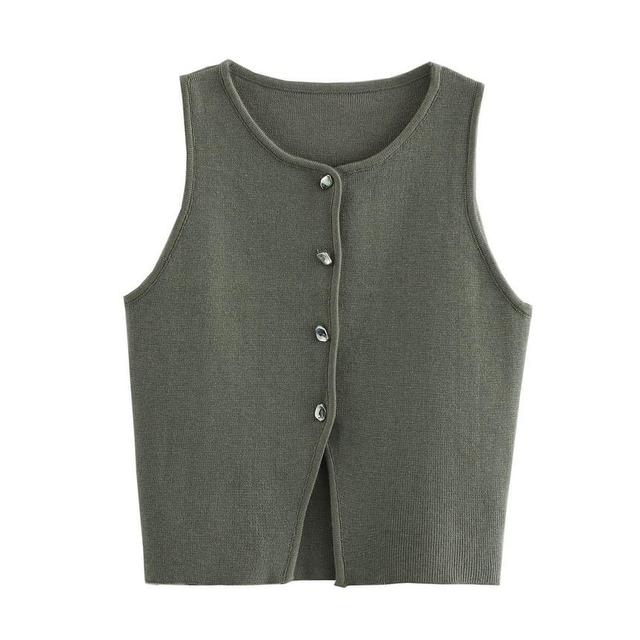 Round Neck Plain Button Sweater Vest Product Image