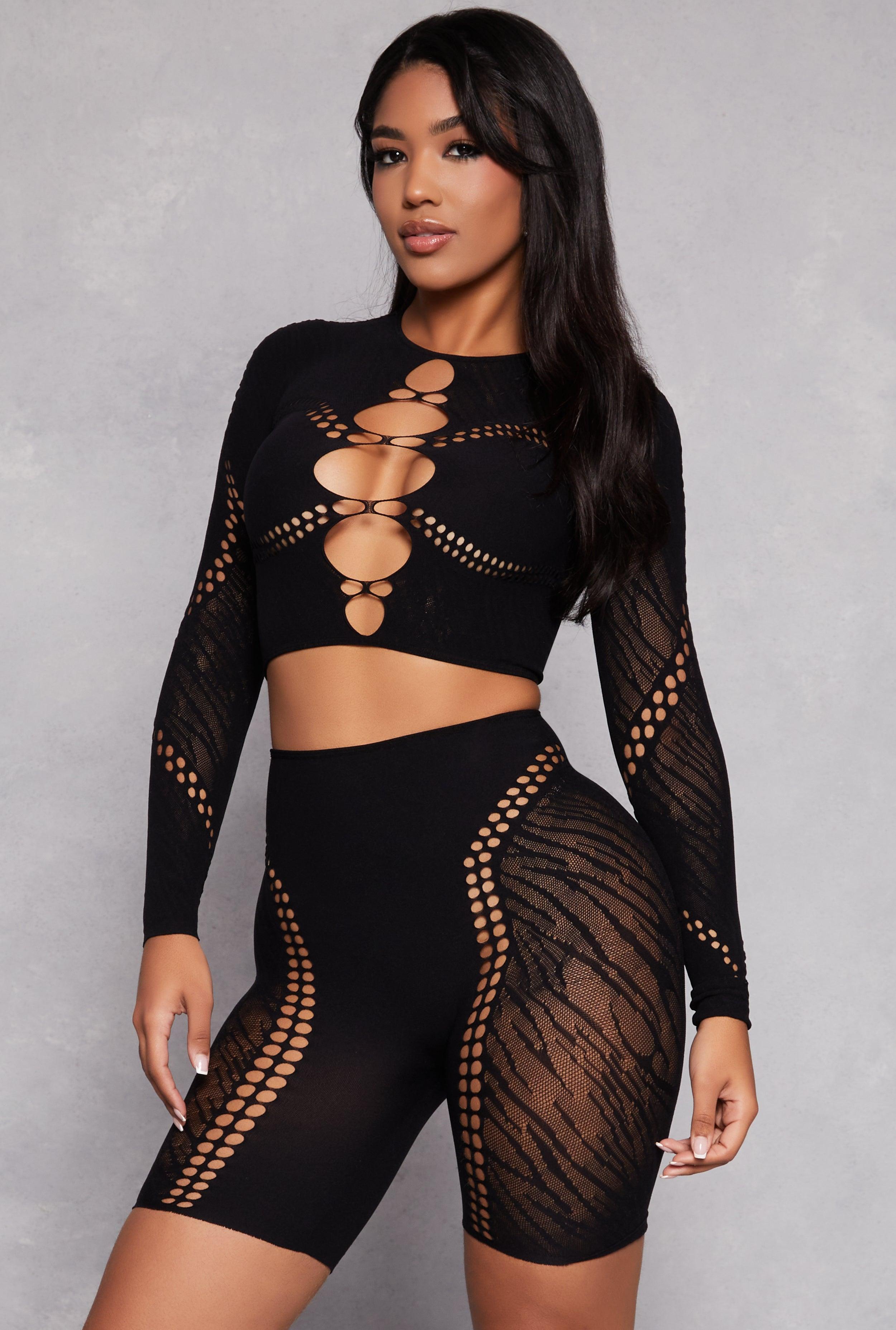 Womens Seamless Laser Cut Crop Top and Biker Shorts Set Product Image