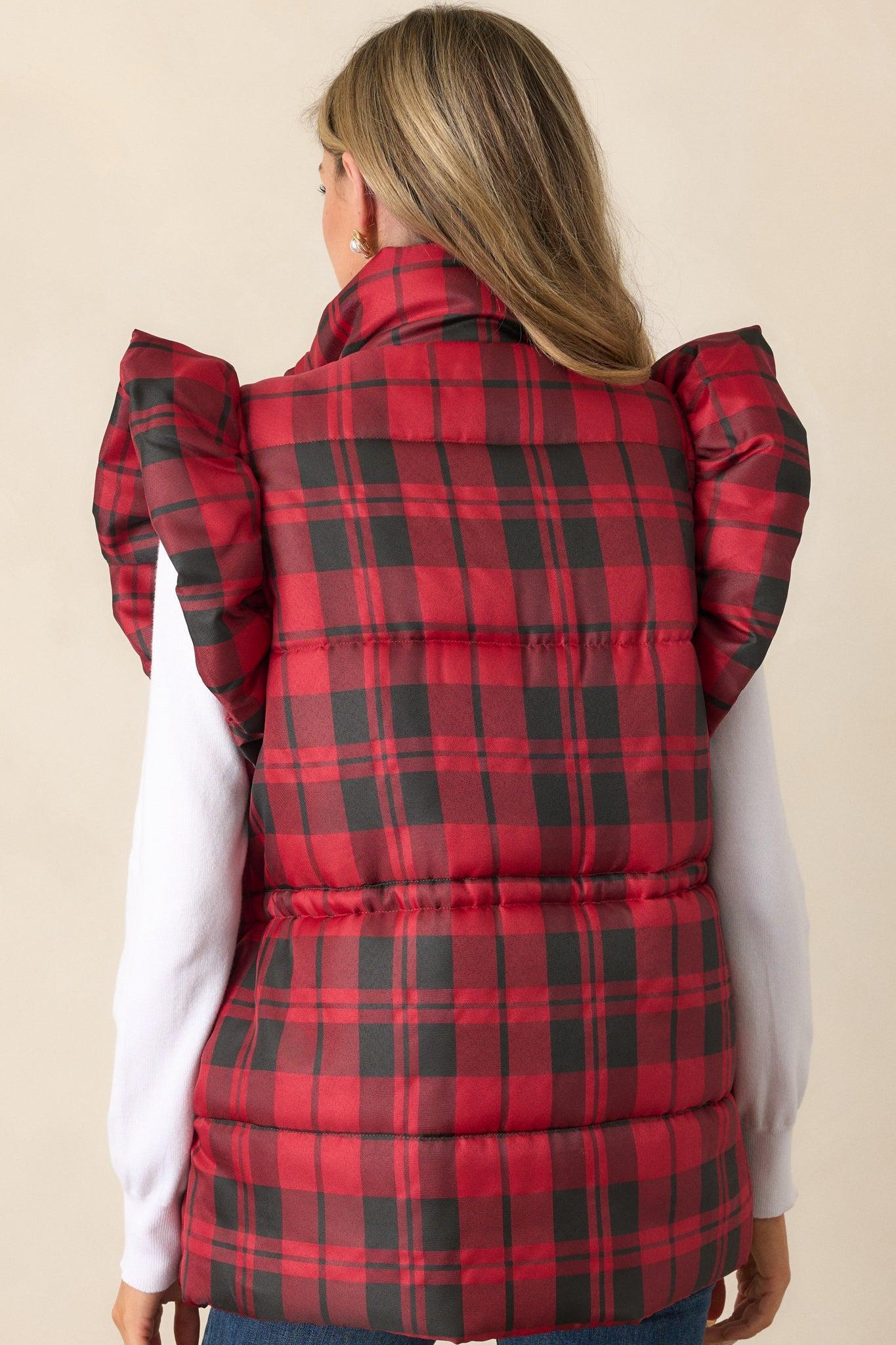 I Found You Red Plaid Flutter Sleeve Puffer Vest Product Image