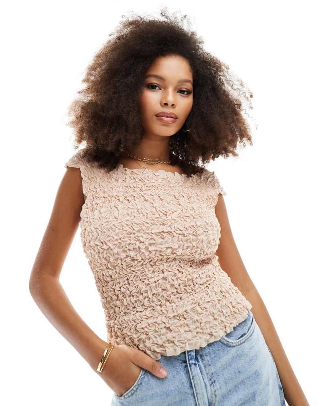 Vero Moda textured crinkle sleeveless crop top in neutral Product Image