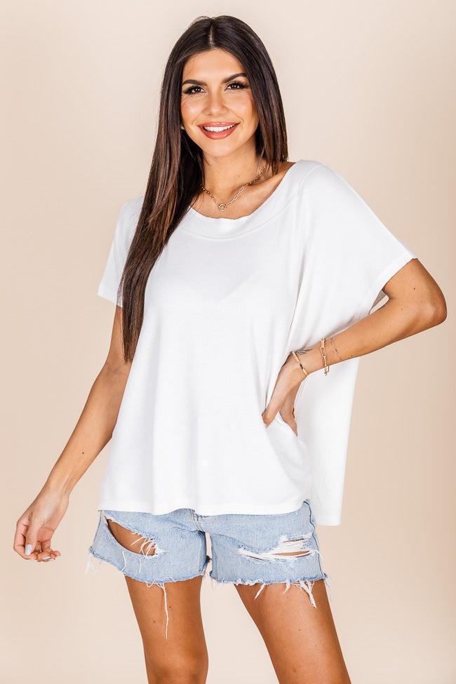 So Delightful Ivory Boat Neck Waffle Tee Product Image