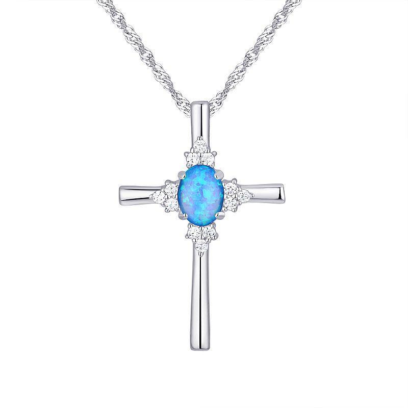 Eco Silver Luxe Sterling Silver Simulated Blue Opal Cubic Zirconia Cross Pendant Necklace, Womens Product Image