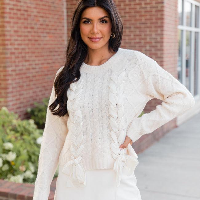 Tied To You Ivory Lace Up Sweater Product Image