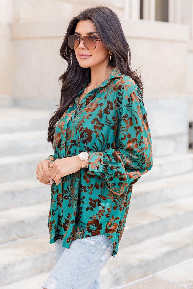 Just A Crush Teal And Brown Velvet Floral Print Button Front Blouse Product Image