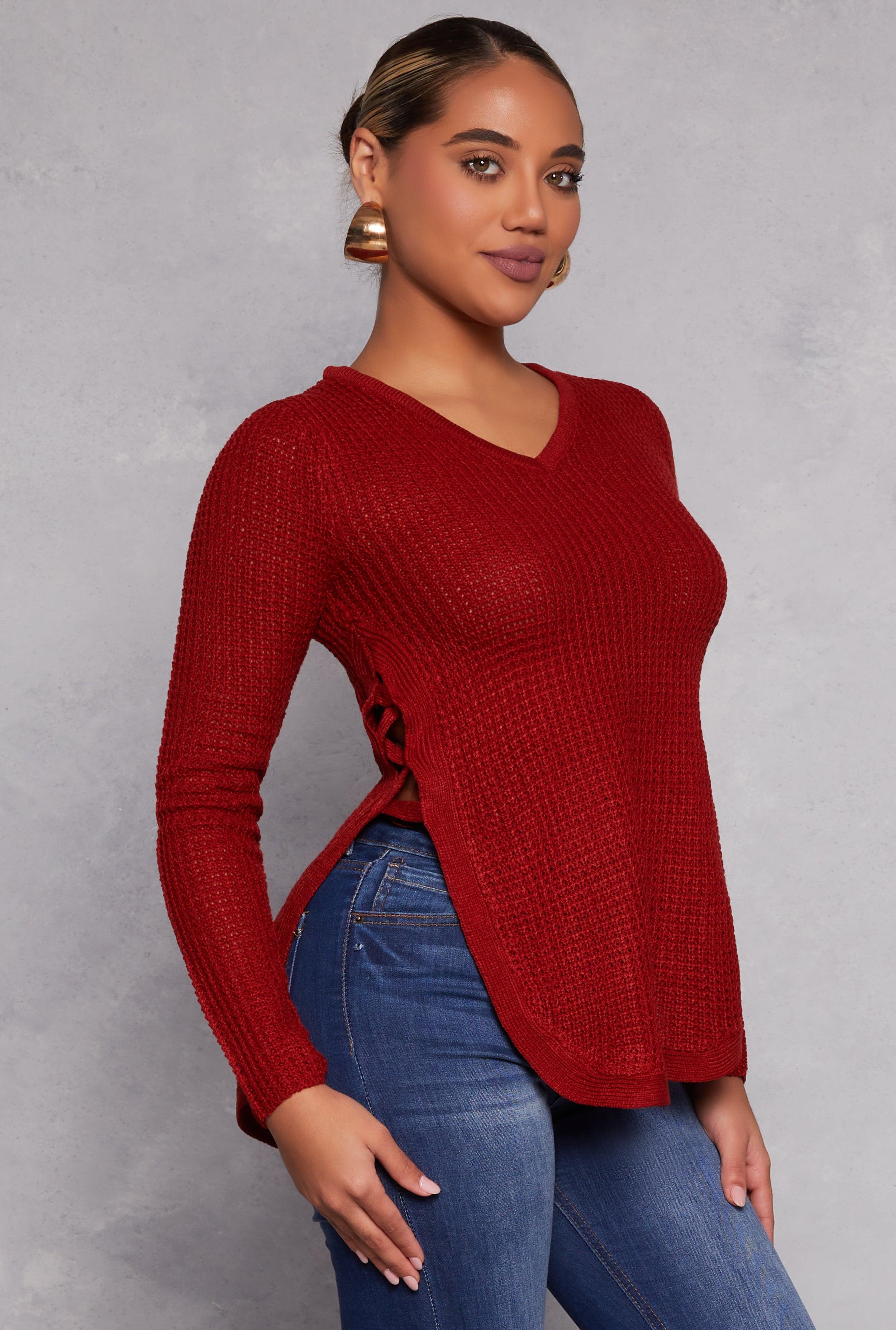 Womens Waffle Knit V Neck Caged Side Sweater Product Image