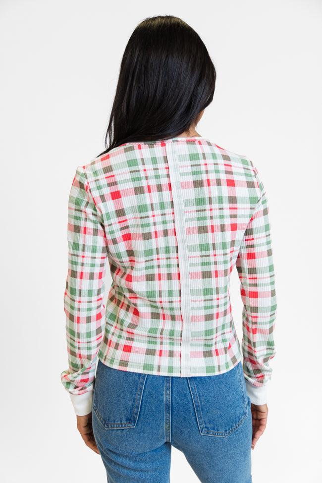 Lazy Plaid Ivory, Red, and Green Print Waffle Layering Top Product Image