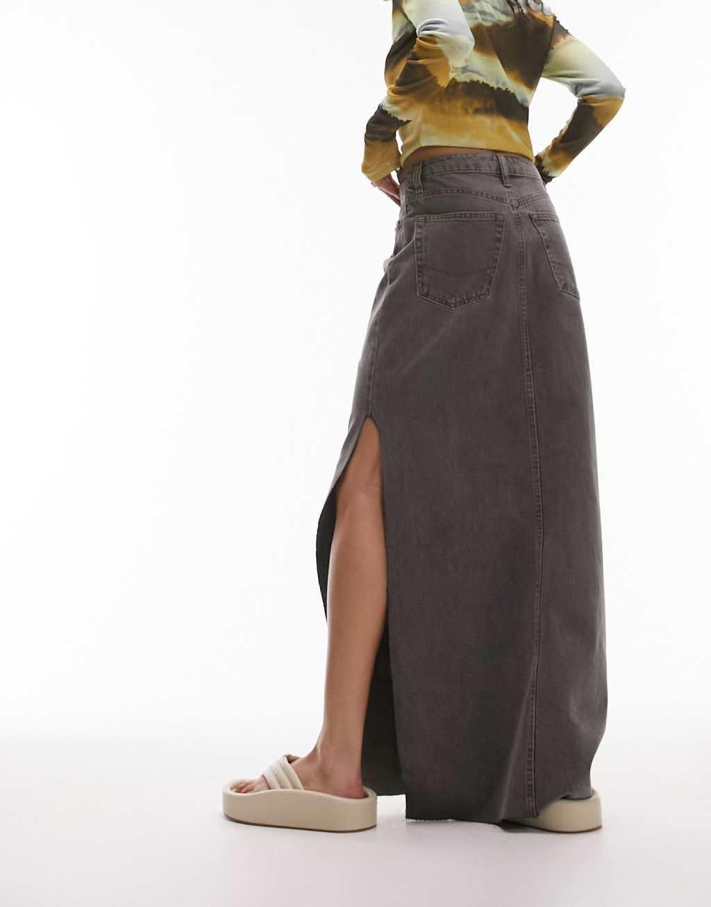 Topshop denim thigh split maxi skirt in gray Product Image