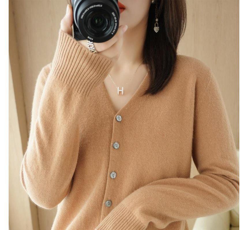 V-Neck Button-Up Plain Cardigan Product Image