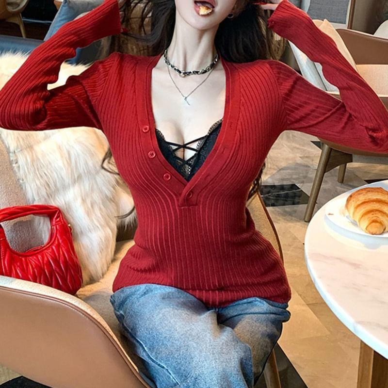 Long Sleeve Half-Button V-Neck Plain Ribbed-Knit Slim-Fit Top / Lace Bralette Product Image