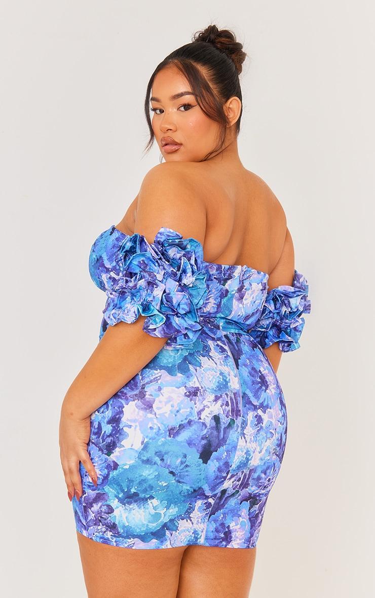 Plus Blue Floral V Neck Ruffle Sleeve Bodycon Dress Product Image