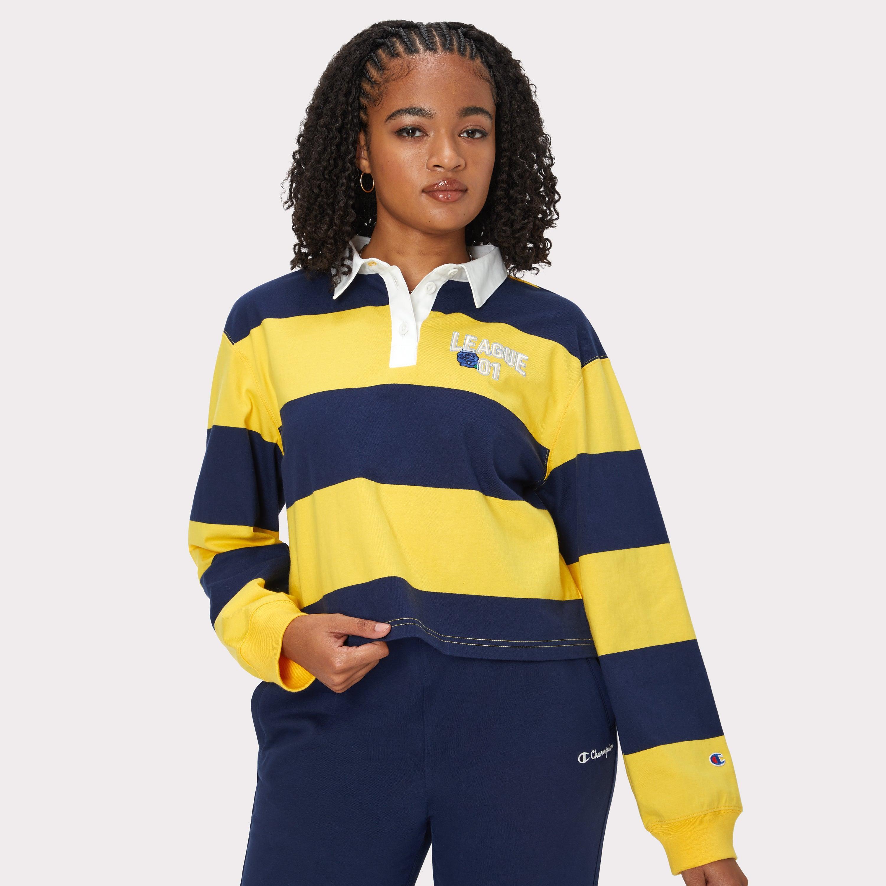 Womens Champion Riley Rugby Long-Sleeved T-Shirt, Embroidered Rose League 01 Yellow Cab/Dark Night Blue L Product Image