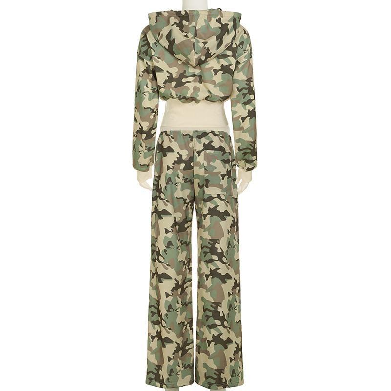 Set: Camouflage Zip-Up Hoodie + Drawstring Sweatpants Product Image