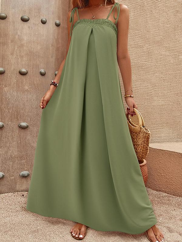 A-Line Loose Elasticity Pleated Solid Color Split-Joint Tied Spaghetti-Neck Maxi Dresses Product Image