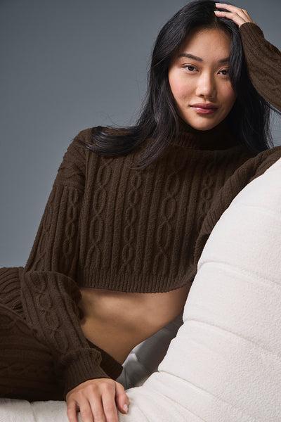 Cable Knit Cropped Winter Bliss Turtleneck Long Sleeve - Espresso Product Image