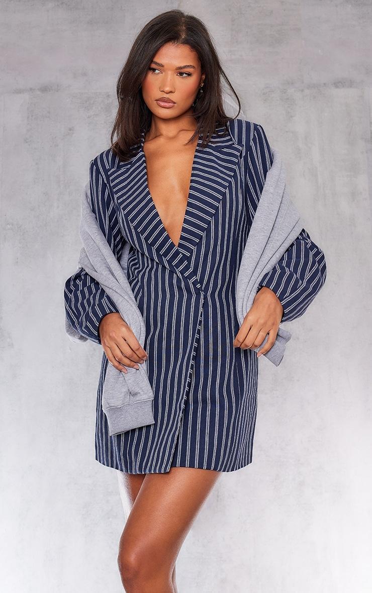 Navy Woven Stripe Pocket Long Sleeve Blazer Dress Product Image