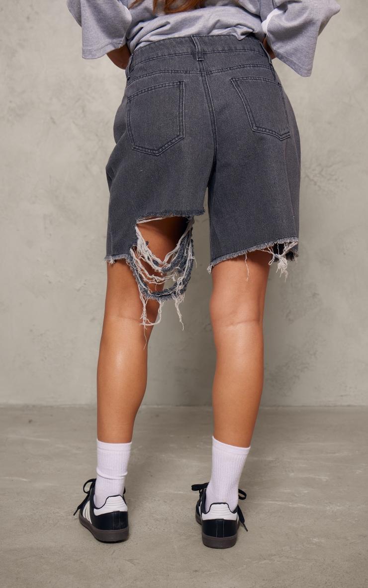 Washed Grey Distressed Longline Boyfriend Shorts Product Image