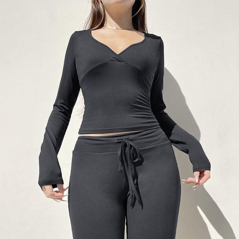 Set: Long Sleeve V-Neck Plain Tee + Drawstring Waist Flared Pants product image