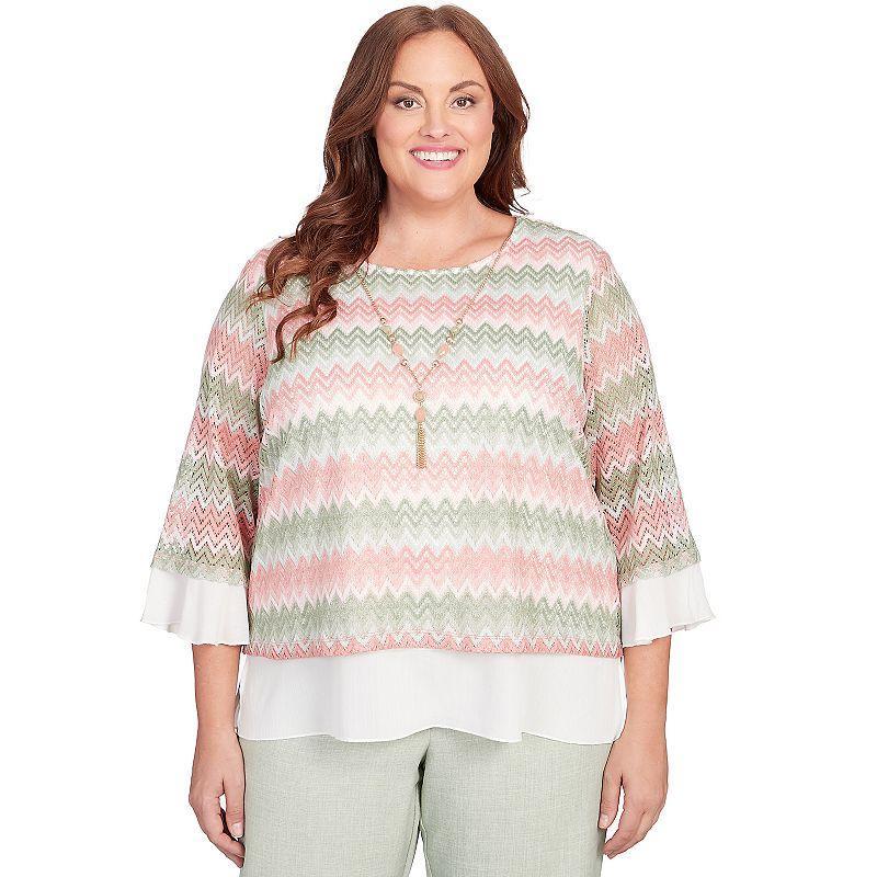 Plus Size Alfred Dunner Zig-Zag Mesh Top with Necklace, Womens Product Image