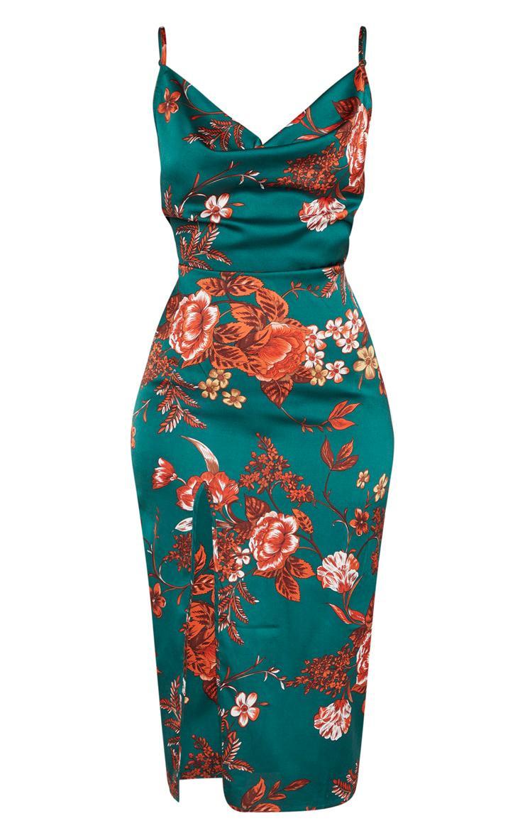 Emerald Green Floral Strappy Satin Cowl Midi Dress Product Image