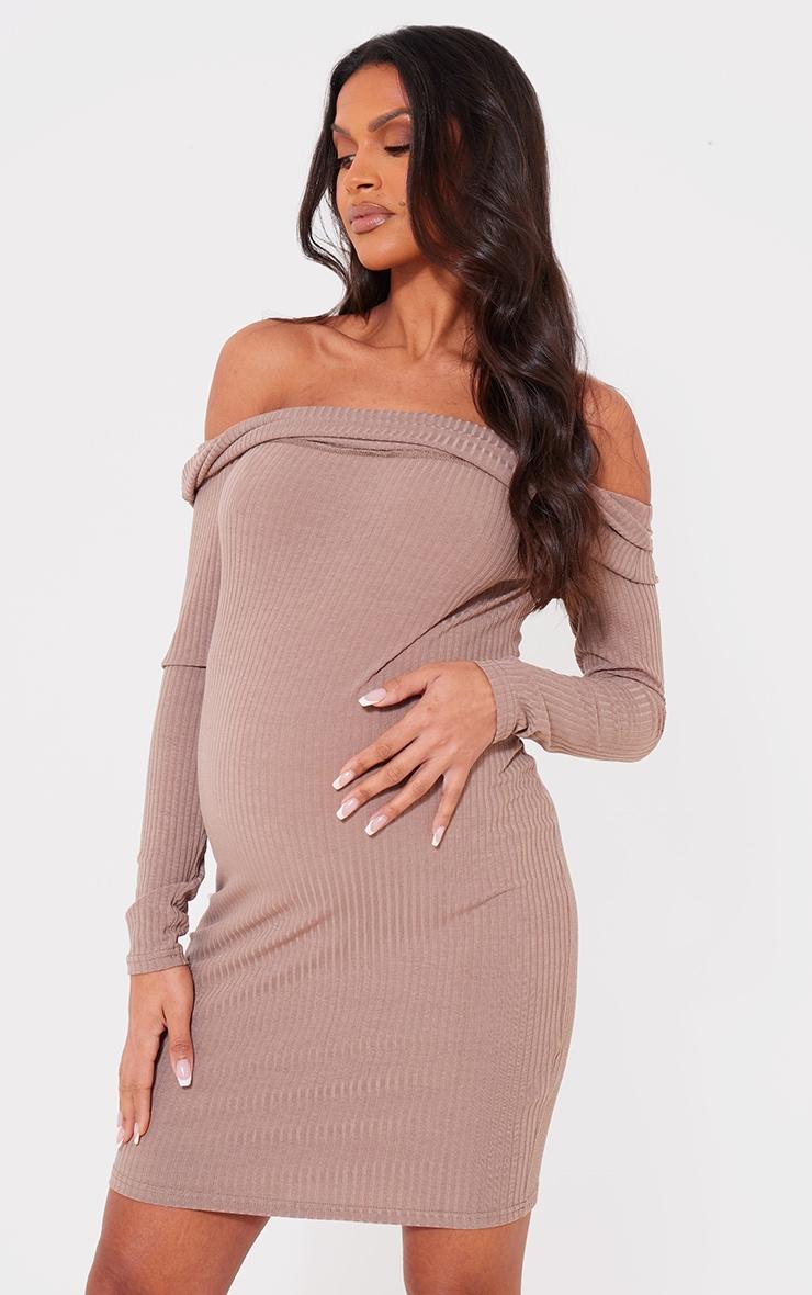 Maternity Mocha Rib Off The Shoulder Mini Dress Product Image