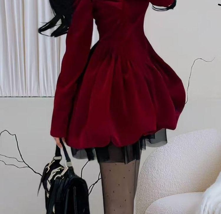 Long Sleeve Cold Shoulder Bow Mesh Panel Velvet Mini A-Line Dress Product Image