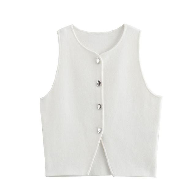 Round Neck Plain Button Sweater Vest Product Image