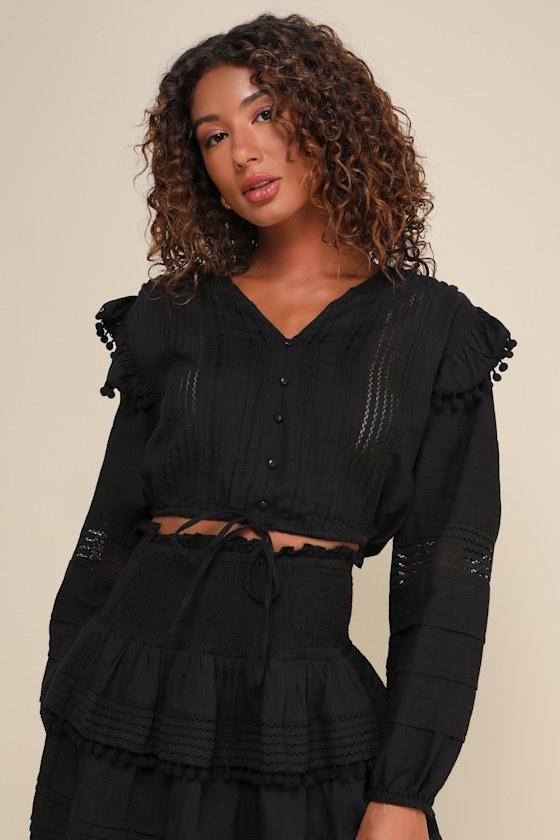 Unmistakable Charm Black Ruffled Pompom Trim Button-Up Top Product Image