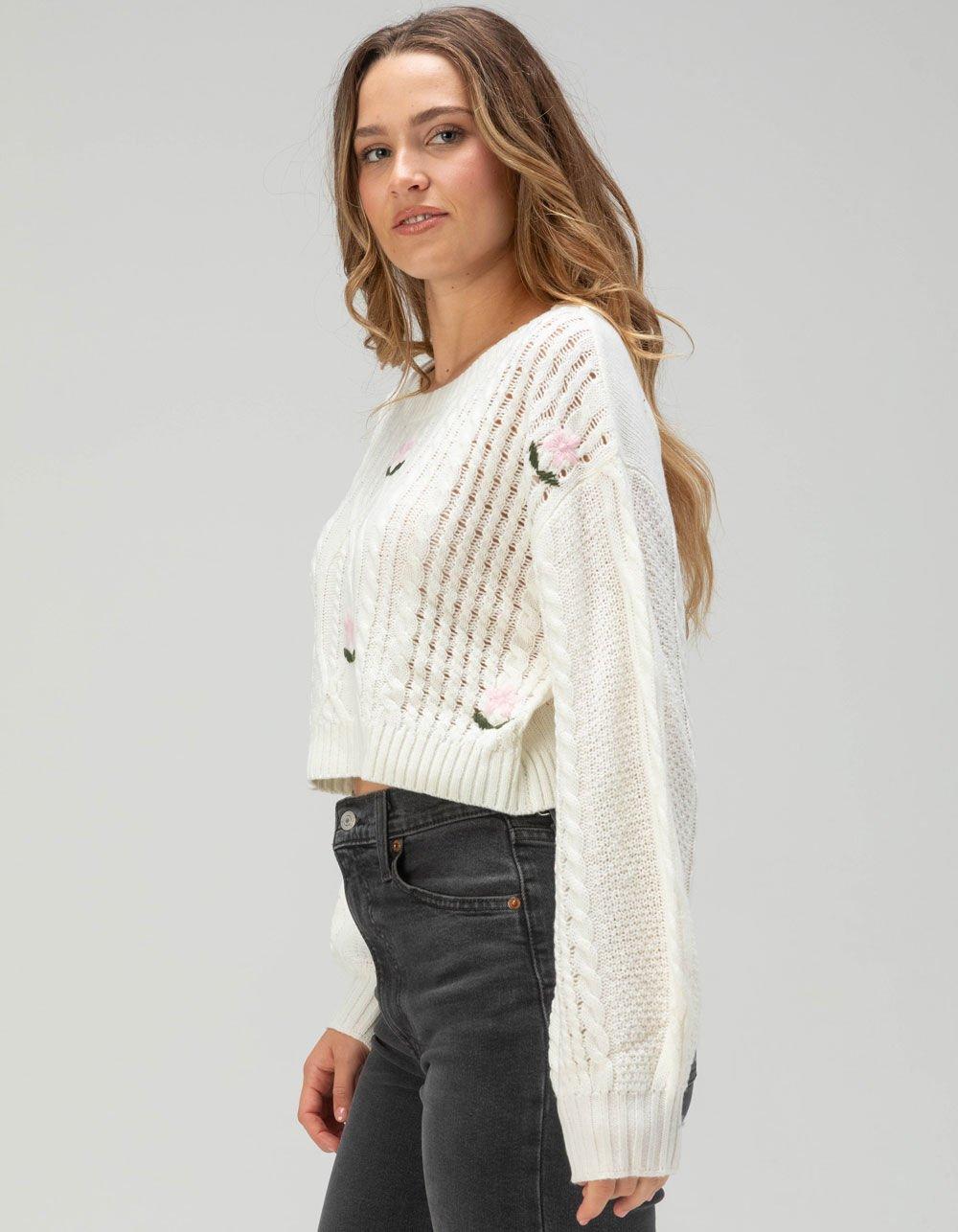 LOVE TREE Womens Embroidered Cable Knit Cropped Sweater Product Image