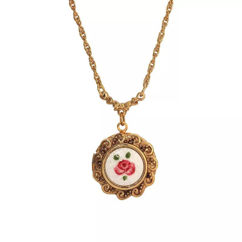 1928 Pink Rosebud Round Locket Necklace, Womens, White Product Image