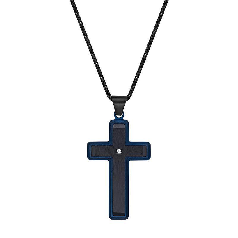 Mens LYNX Blue & Black Ion-Plated Stainless Steel Diamond Accent Cross Pendant Necklace Product Image